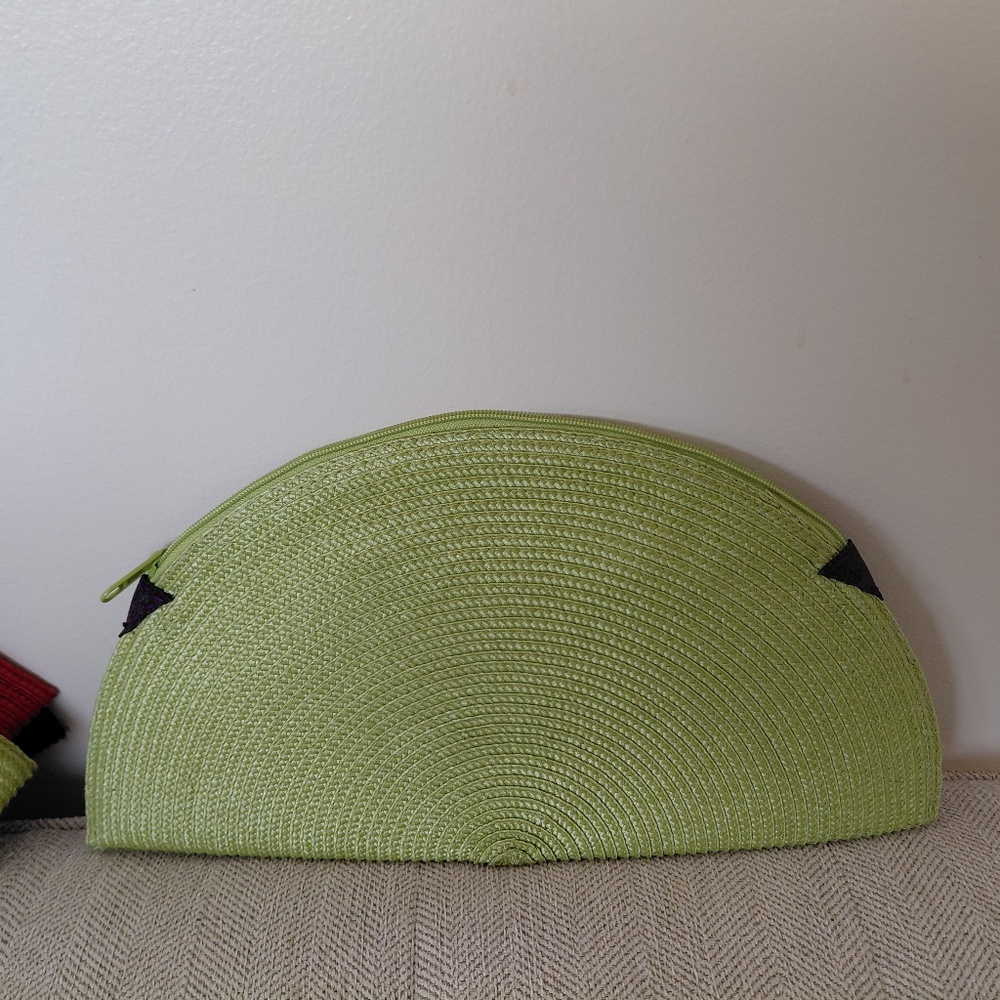 Handmade upcycled Kiwi Green Straw Clutch with birds